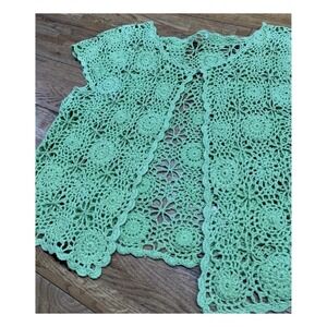Vintage Green Floral Crochet Cardigan Boho Cottagecore Fairycore Y2K Retro Vest